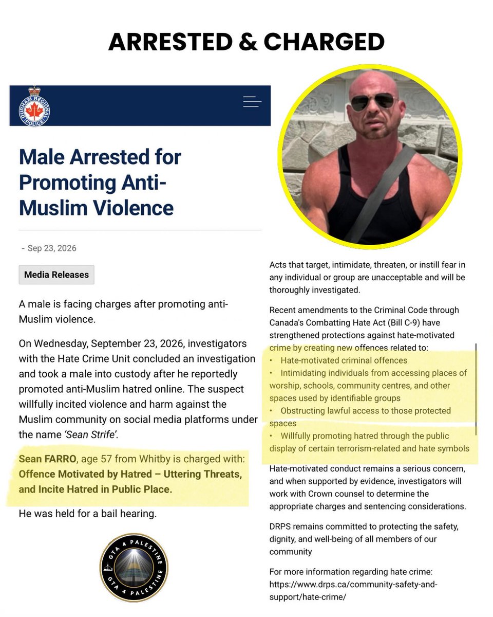 LegalishCA's tweet photo. UPDATE: Sean Farro, 57, of Whitby, Ontario, was arrested and charged today, September 23, 2026, in connection with alleged promotion of anti-Muslim violence.

Alhamdulillah.

Thank you to everyone who took the time to file police reports, preserve evidence, and provide information. That collective effort mattered. It helped ensure that what many of us witnessed was documented and brought directly to the attention of law enforcement.

An arrest and a charge are not a conviction, and the matter will now proceed through the justice system.

But today is also a reminder that anti-Muslim hatred and threats of violence should never be treated as normal background noise. When we see it, we document it. We report it. And we stand together against hate and intimidation in our communities.