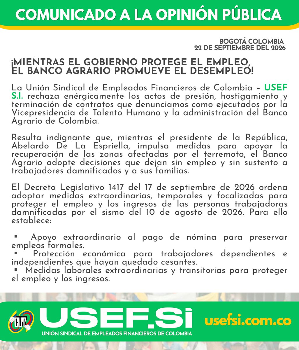 UsefSiSindicato's tweet photo. Comunicado a la Opinión Pública. Rechazamos la terminación del contrato de una trabajadora de la oficina de Pereira afectada por el terremoto. En medio de las dificultades que enfrenta su familia, esta decisión la deja sin el ingreso para sostener a sus dos hijos @MintrabajoCol https://t.co/ee5Zcyvq5l