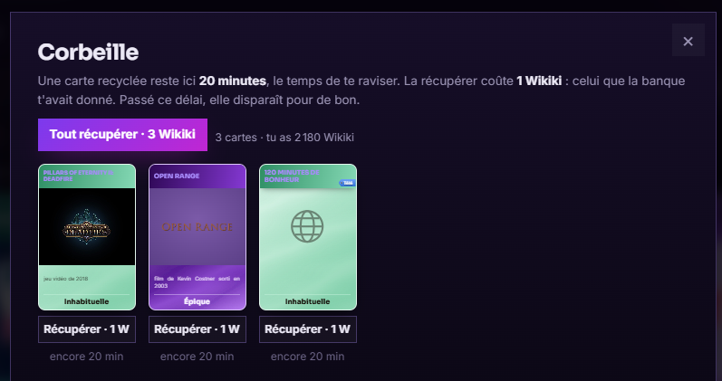 wiki_pick's tweet photo. Je viens de mettre en place un système de corbeille dans la page "collection"  🗑️

Si vous recyclé une ou plusieurs cartes sans faire exprès, elle n'est pas encore perdue, Toute carte recyclée reste 20 minutes dans la corbeille, vous pourrez la récupérer pendant ce temps, pour 1 Wikiki  Passé les 20 minutes, elle disparaît pour de bon ♻️