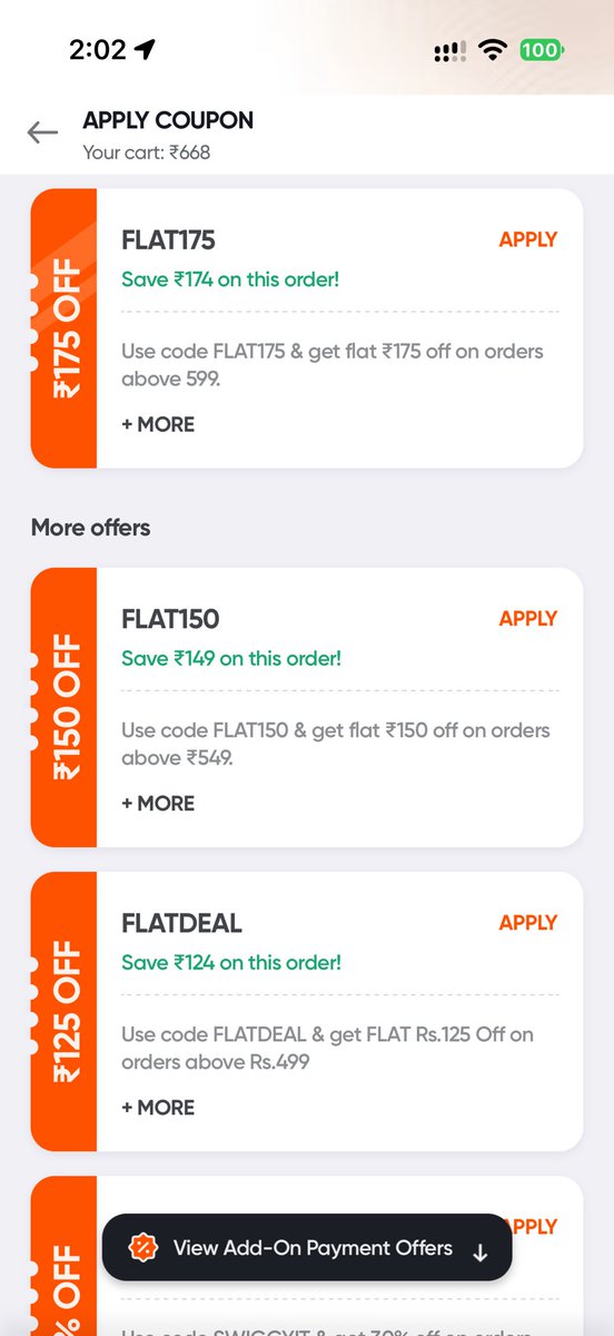 sunnykgupta's tweet photo. If you ever feel useless in life, remember that some PM in @SwiggyCares / @Swiggy decided to save 1 rupee on every coupon code.

Flat 175 = 174 saved
Flat 150 = 149 saved
FlatDeal (125) = 124 saved

😭😭😭 https://t.co/iOMXdJTNYW