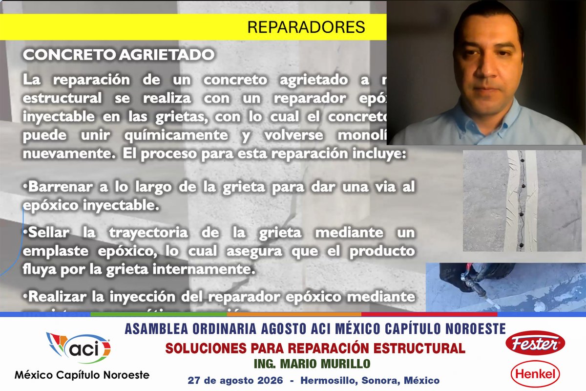 aci_nw's tweet photo. Se realizó la Asamblea Ordinaria del ACI México Capítulo Noroeste del mes de agosto 2026 y la plática técnica: Soluciones para la reparación estructural, de la empresa FESTER, con el Ing. Mario Murillo, 27 agosto, transmitido vía remota y presencial en Hermosillo, Sonora, México. https://t.co/l2C8FBu83b