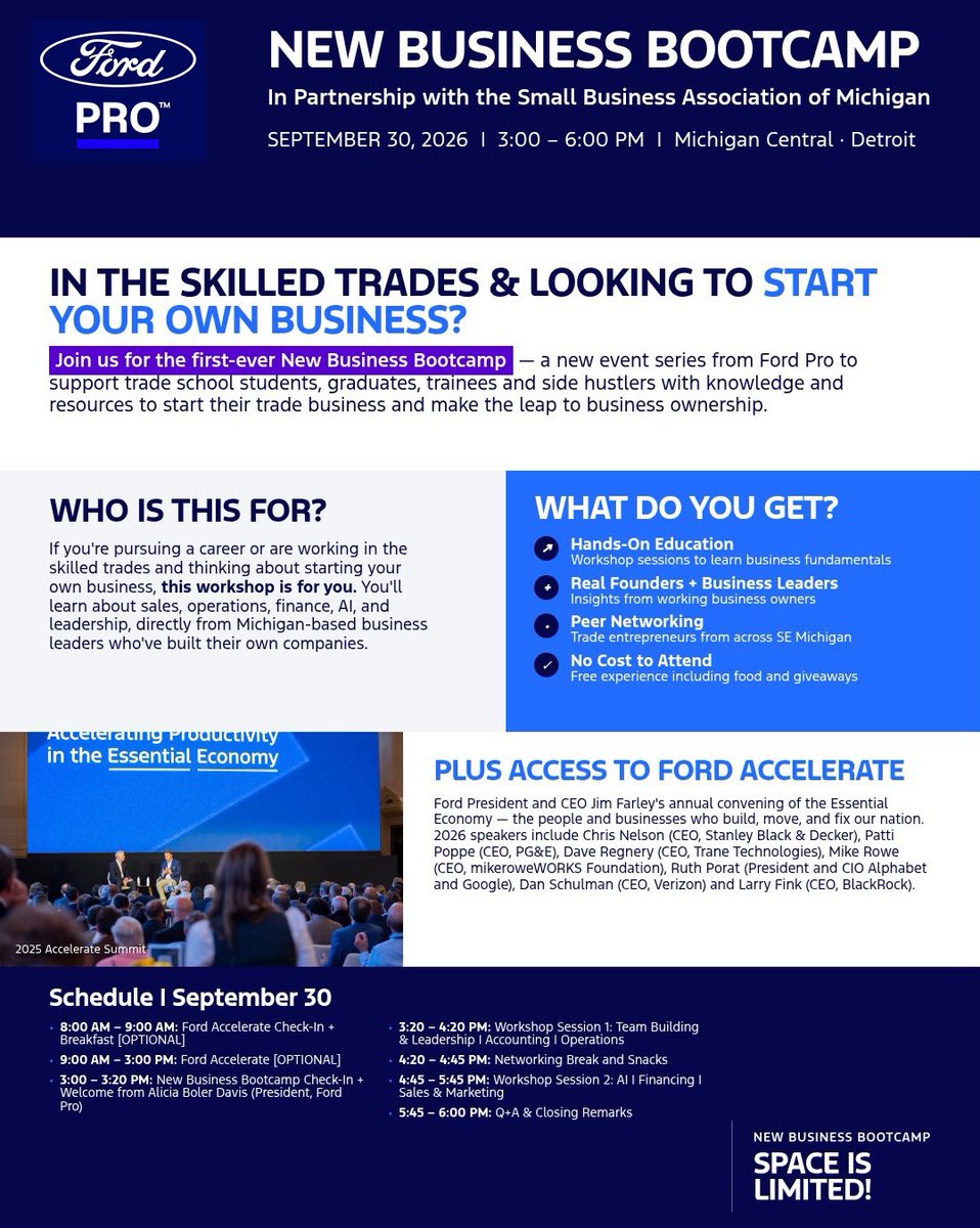 sebas290691's tweet photo. Ready to turn your trade skills into a thriving business? Join us at the Ford Pro New Business Bootcamp on Sept 30 at Michigan Central! Gain the tools you need to succeed. 

Request your invite: https://t.co/4j9QgyQw4E 

#EssentialEconomy #FordAccelerate #SkilledTrades https://t.co/ozUnYC9RuW