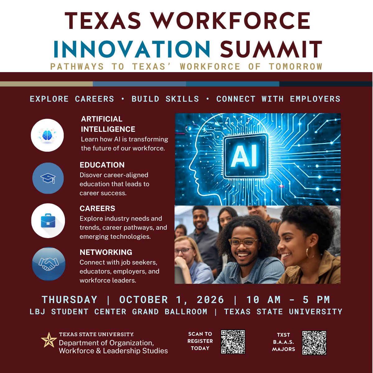 TxStateOWLS's tweet photo. Texas State University Texas Workforce Innovation Summit

Connecting students, job seekers, employers, educators, and workforce leaders as we explore:
 ✨ Emerging Technologies
 ✨ In-Demand Careers
 ✨ Workforce Trends
 ✨ Skills Employers Seek

https://t.co/zQST0GpUUu https://t.co/C4FFHc7aWn