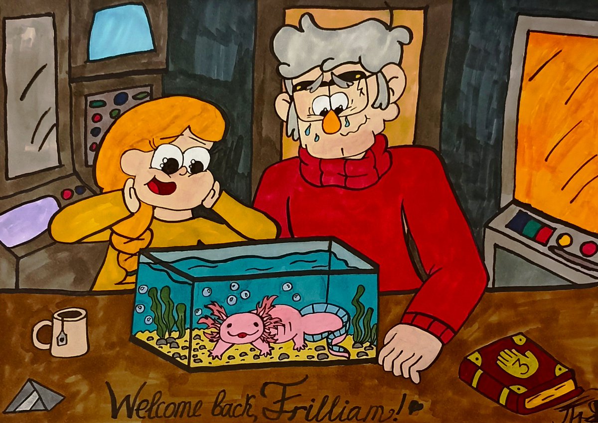AnastasiaP618's tweet photo. Oh my goodness! This is the cutest drawing ever!🥹
 Has Frilliam really returned!?🥰
I suppose axolotls must be the cutest creatures in the entire multiverse!🤗🤩😍🫶❤️‍🔥
#GravityFalls #gravityfallsfanart 
#FordPines #StanfordPines #Axolotl #TBOB https://t.co/PHkxE9sYer