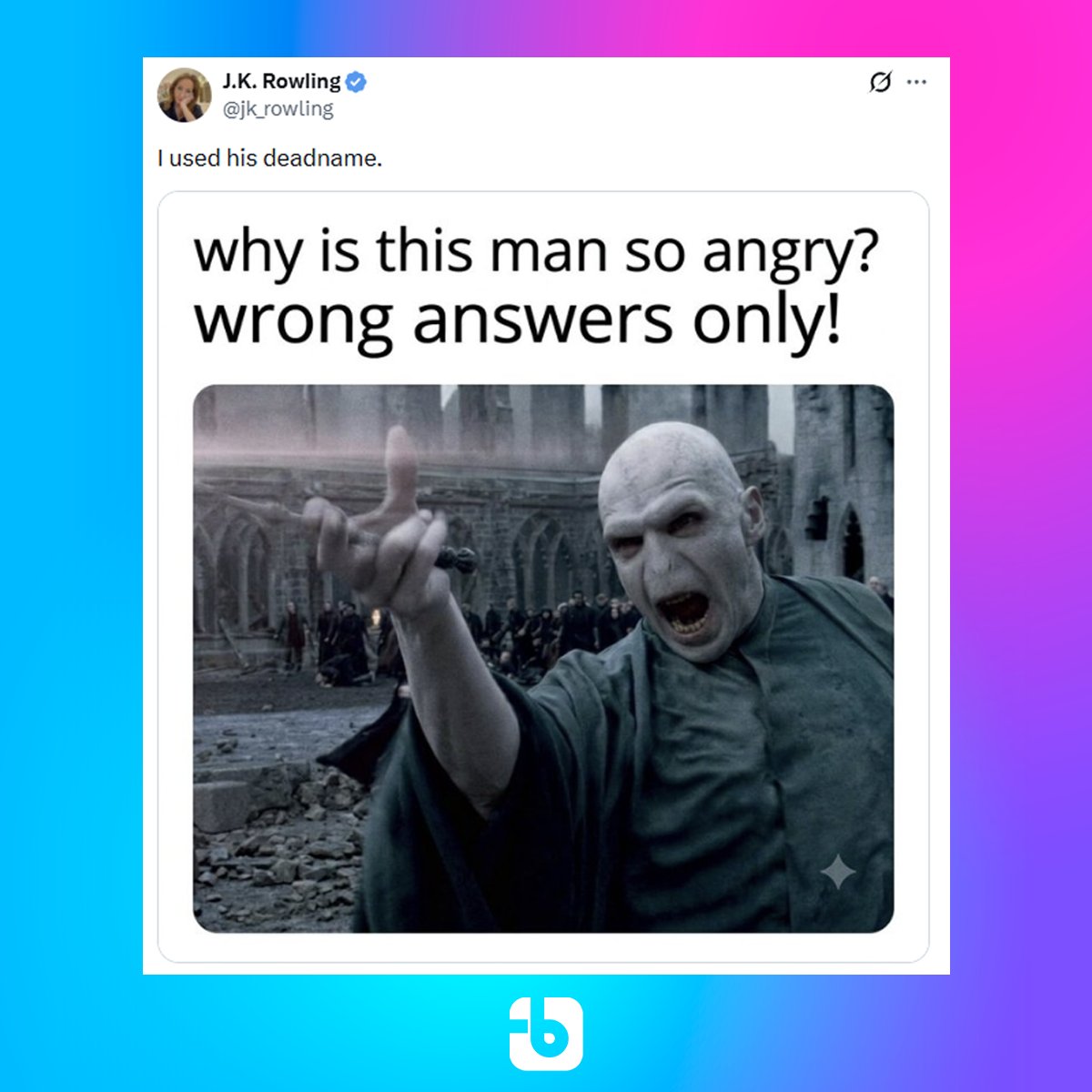 forumbunklr's tweet photo. J.K. Rowling debocha da comunidade trans em novo tweet:

“Por que esse homem está tão bravo?”
“Eu usei o nome mort0 dele.”

Em Harry Potter, Tom Riddle é o “nome mort0” de Lord Voldemort, nome que o personagem rejeita e não gosta que seja usado por ser o mesmo de seu pai trouxa. https://t.co/7DPkLquqYX