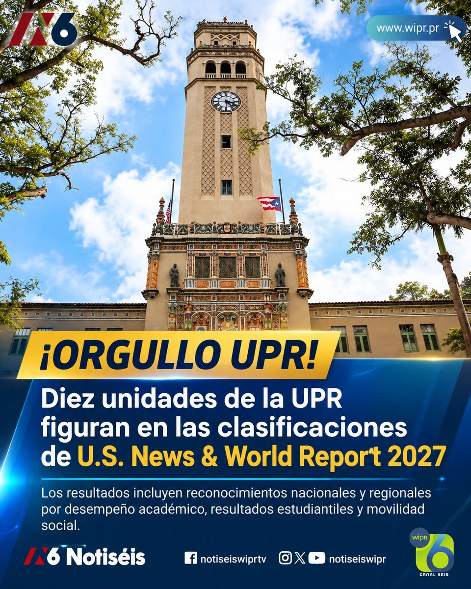 notiseiswipr's tweet photo. 🎓 Diez unidades de la UPR figuran en las clasificaciones de U.S. News & World Report 2027

Diez de las 11 unidades de la Universidad de Puerto Rico (UPR) figuran en la edición 2027 de Best Colleges de U.S. News & World Report, publicada esta semana.

Las unidades aparecen en clasificaciones nacionales y regionales que evalúan el desempeño de instituciones de educación superior.

🔗 Para más detalles, acceda al siguiente enlace: https://t.co/XGo3aPkgxU

#UPR #UniversidadDePuertoRico #USNews #BestColleges2027 #Educación #PuertoRico #NotiséisWIPR