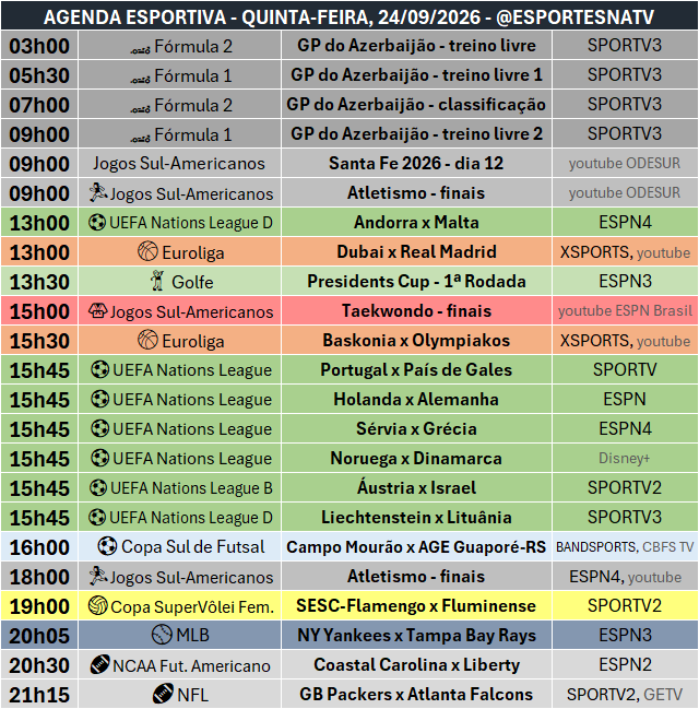 EsportesNaTV's tweet photo. A agenda esportiva desta QUINTA-FEIRA (24/09/2026) https://t.co/LzSR8Whlwp