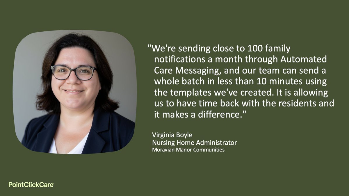 PointClickCare's tweet photo. 100 family notifications a month sent in under 10 minutes. That is what Automated Care Messaging made possible for @MoravianManor Communities.

Less admin, more time for residents.

Learn more: https://t.co/d4DOEssYHM

#SeniorLiving #PointClickCare https://t.co/omGvWtU2No