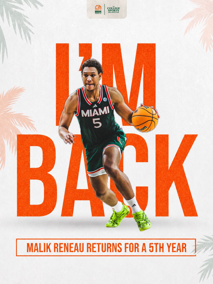 IbisMediaCo's tweet photo. Miami Hurricanes leading scorer from the 2025–26 season, @MalikReneau , has been granted a fifth year of eligibility and will return to Miami! 🙌🔥 https://t.co/hD9OwXV46B