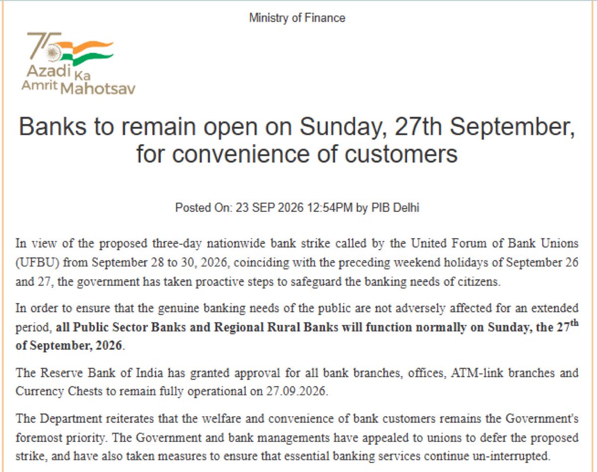 shashank_ssj's tweet photo. Bank Unions announced their strike from Sept 28 to 30, which is Monday to Wednesday.

Now govt has asked them to remain open on Sunday, 27th September.

Extended weekend gya 😂😂😂 https://t.co/dV3UQnuJTj