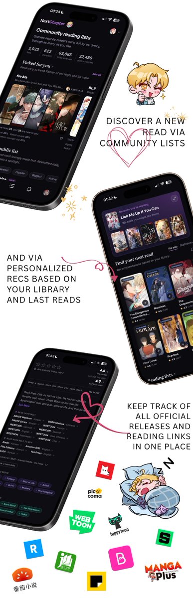 nextchaptermoe's tweet photo. We're a new reading tracker platform built by two obsessed people 💜 for manga, manhwa, manhua, and web novel fans.

NextChapter is still a young platform, launched barely five weeks ago and there are many formats and features we plan to add in the future. 

Check it out, send it to friends and give us feedback ♡