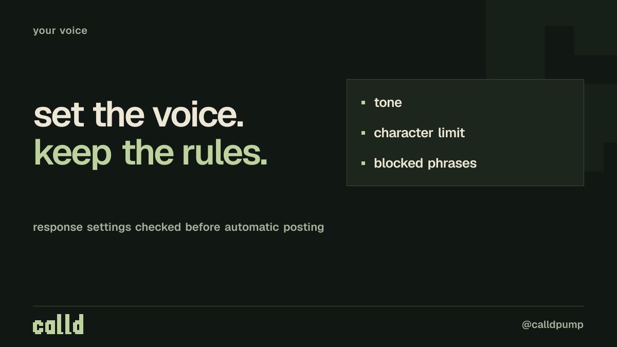 calldpump's tweet photo. your callouts can sound like you.

choose the tone, cap the length and block phrases you don't want. calld checks those response settings again before an automatic post. https://t.co/ENR9OQFsEw