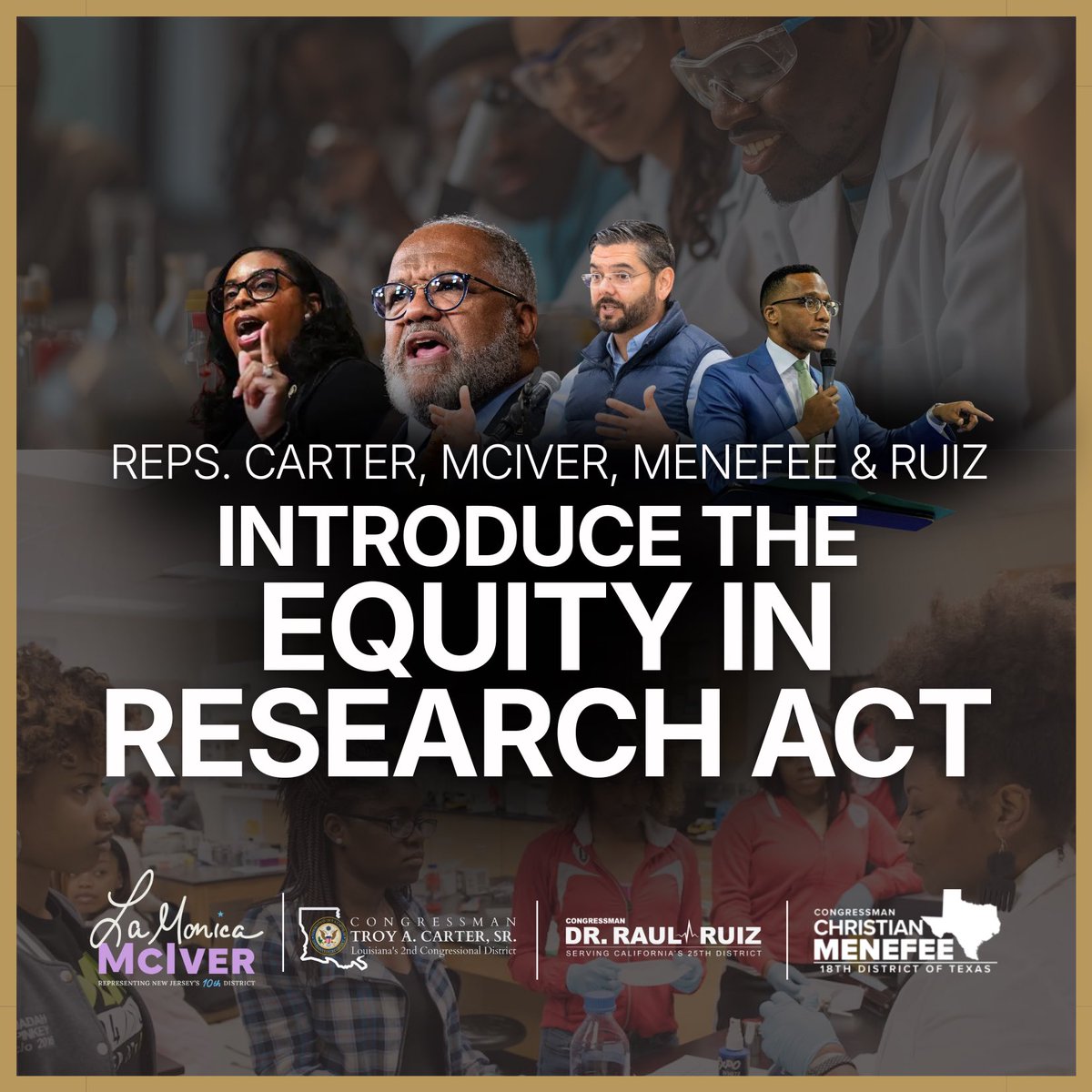 RepTroyCarter's tweet photo. For far too long, students at under-resourced schools have faced barriers to access to STEM fields. 

Today, that changes. I’m proud to introduce the Equity in Research Act, alongside my colleagues @RepLaMonica, Rep. @CDMenefee, and @RepRaulRuizMD, which creates a targeted National Science Foundation grant program to increase research capacity for under-resourced colleges and universities. 

Let’s strengthen our nation’s innovation pipeline and ensure all students, not just some, can pursue a future in STEM.

@HBCUBuzz