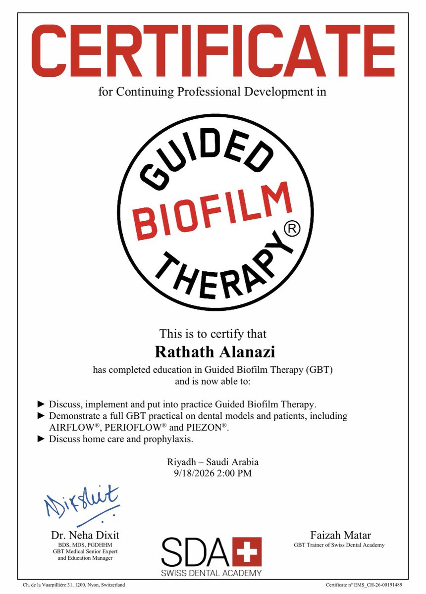 Rathath_3's tweet photo. سعيدة بإتمام دورة Guided Biofilm Therapy (GBT) والحصول على شهادة الممارسة 🤍🦷
تجربة مميزة أضافت لي معرفة ومهارة جديدة في مجال صحة الفم والأسنان، وأتطلع دائمًا لتطوير مهاراتي والاستفادة من كل فرصة تعليمية. ✨ https://t.co/wdCgVNadzZ