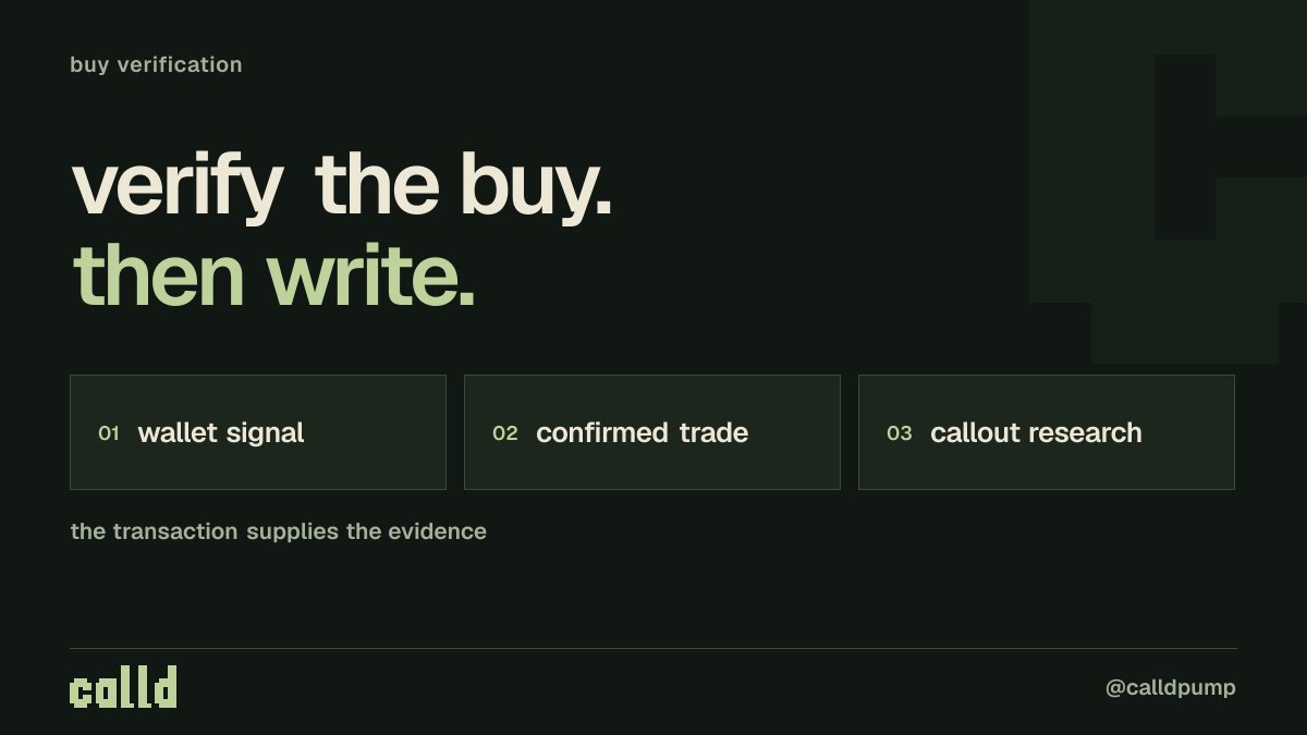 calldpump's tweet photo. a wallet alert is only the start.

calld checks the confirmed transaction before treating it as a buy. research and posting follow the verified trade, so a noisy event alone can't trigger a callout. https://t.co/qlCZmbQ20S