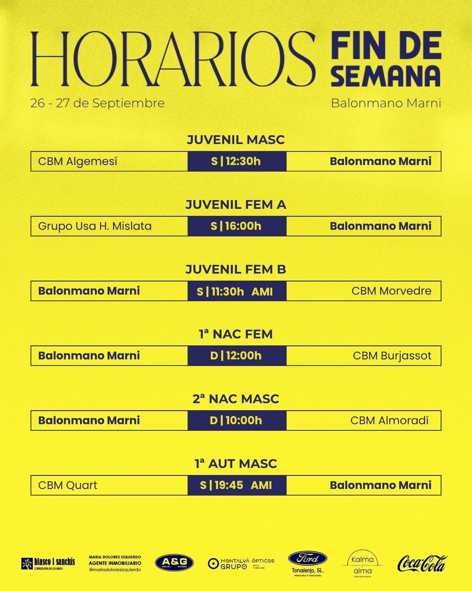 balonmanomarni's tweet photo. ¡Ya tenemos horarios para el fin de semana con varios equipos comenzando la competición!

Ja tenim horaris per a este cap de 
setmana amb diversos equips començant la competició!

Marni, Força!💛💙

@C_E_Marni @dipvalencia @comunitatesport @Nostresport @dbSportpress @FDMValencia https://t.co/j0zH5un8AS