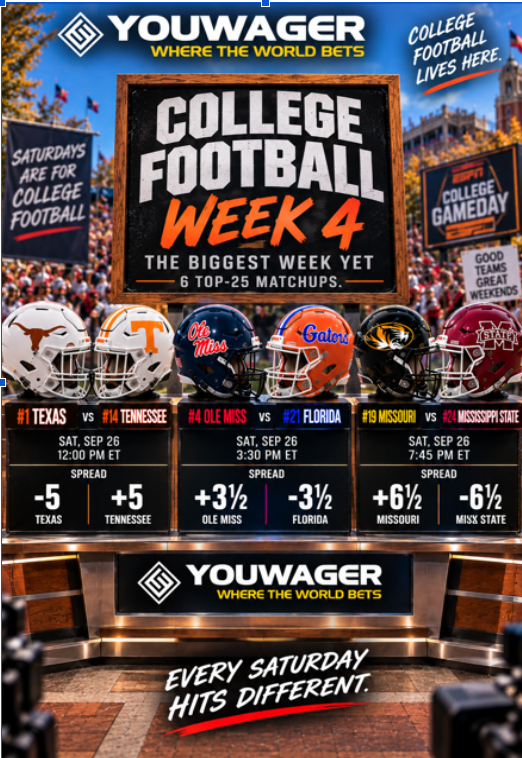youwagersport's tweet photo. WEEK 4 IS LOADED. 🏈👀

6 Top-25 matchups.
Texas–Tennessee.
Ole Miss–Florida.
Missouri–Mississippi State.
Rankings. CFP. Rivalries.
Saturday is getting serious.

#CFB #CollegeFootball #CFBWeek4 #YouWager https://t.co/FcD5206YBc