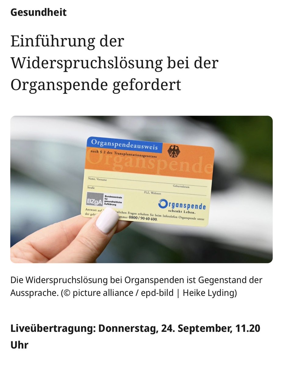 Karl_Lauterbach's tweet photo. Morgen debattieren wir im Deutschen Bundestag erneut die Widerspruchslösung für die Organspende. Seit Jahren wird die Einführung verschoben. So sind Tausende Menschen ohne Not gestorben. Niemand muss spenden. Aber jeder sollte die Pflicht haben, zu sagen, wenn er nicht will https://t.co/gPnZRp6Deq