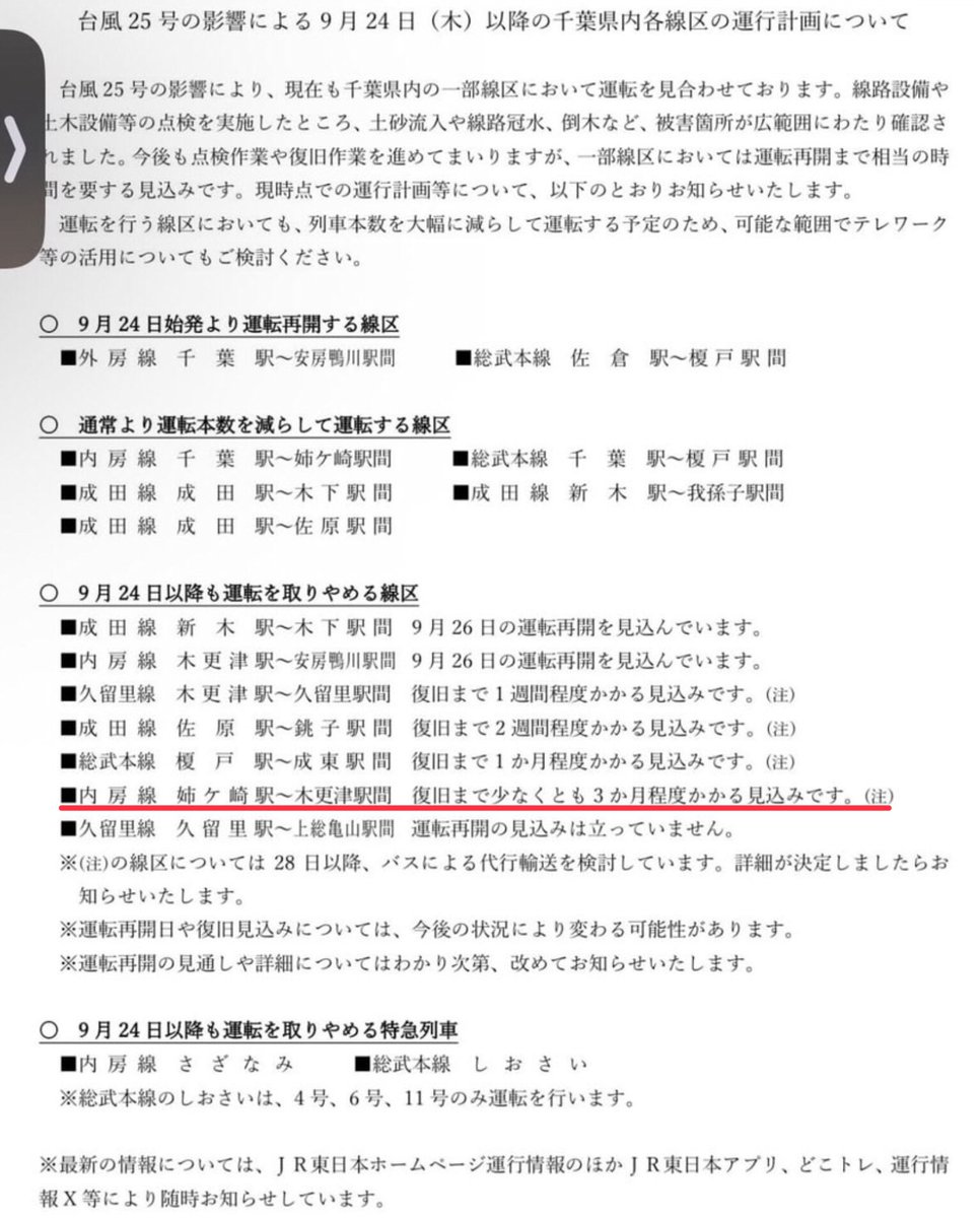 wakouen's tweet photo. 台風25号🌀(2026.9.21)で起きた土砂災害により、JR内房線(JR姉ケ崎駅⇔JR木更津駅)の復旧に3カ月もかかるらしいです。😨😰😭😨😫😭🤕😓😨 https://t.co/oflrlL30cJ