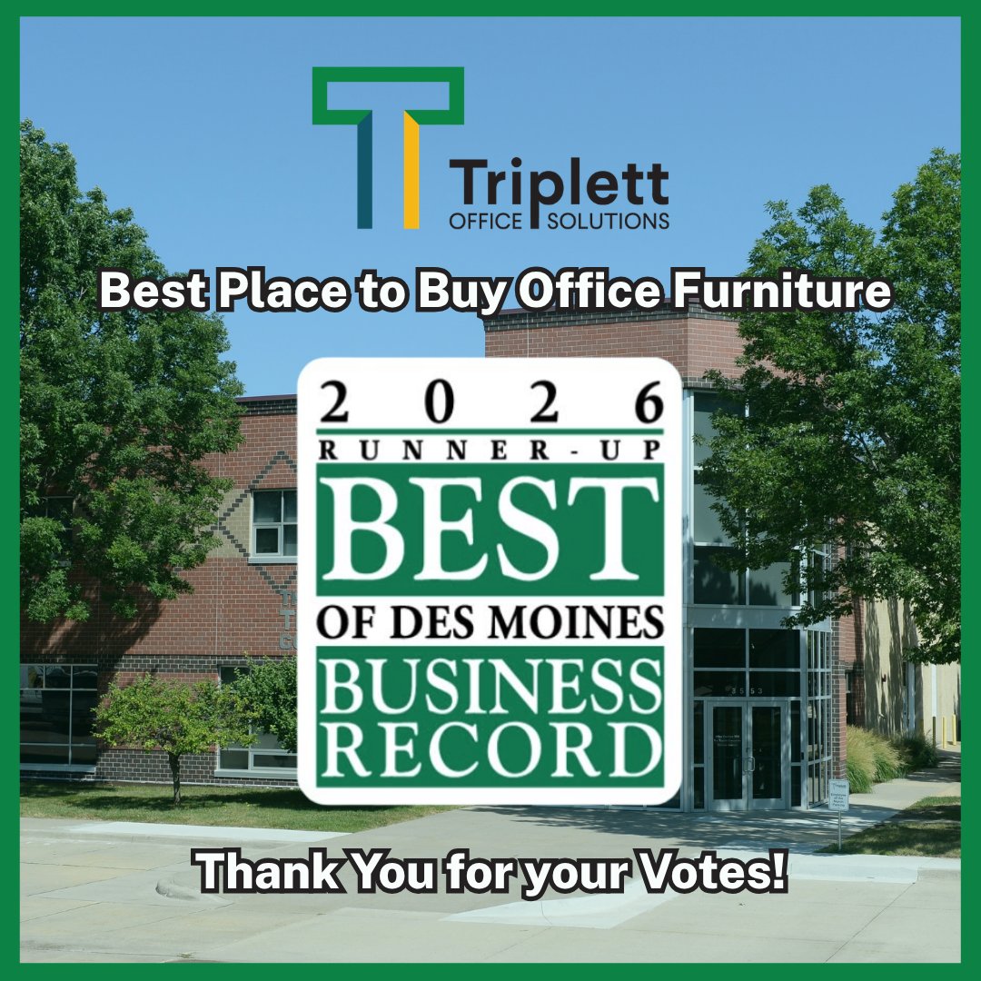 triplettoffice's tweet photo. Excited to announce that Triplett Office Solutions has been named a Runner-Up in Des Moines Business Record's 2026 Best Place to Buy Office Furniture 🥈👏🎉
#BusinessRecord #BestofDesMoines #GreatProducts #GreatPeople #GreatExperience https://t.co/0DjZ9NMsbN