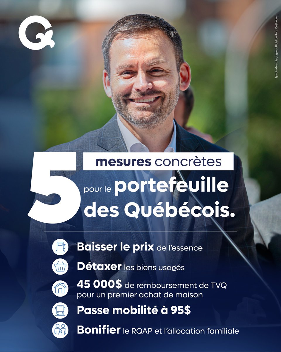 partiquebecois's tweet photo. Face à l'explosion du coût de la vie, les Québécoises et les Québécois ont besoin qu'on remette de l'argent dans leur portefeuille.

C'est exactement ce que nous ferons avec des mesures concrètes:

⚜️ Baisser le prix de l'essence;
⚜️ Détaxer les produits de seconde main;
⚜️ Rembourser jusqu'à 45 000$ en TVQ à l'achat d'une première maison ou d'une autoconstruction;
⚜️ Bonifier le RQAP et les allocations familiales;
⚜️ Offrir une passe mobilité à 95$ par mois partout au Québec.