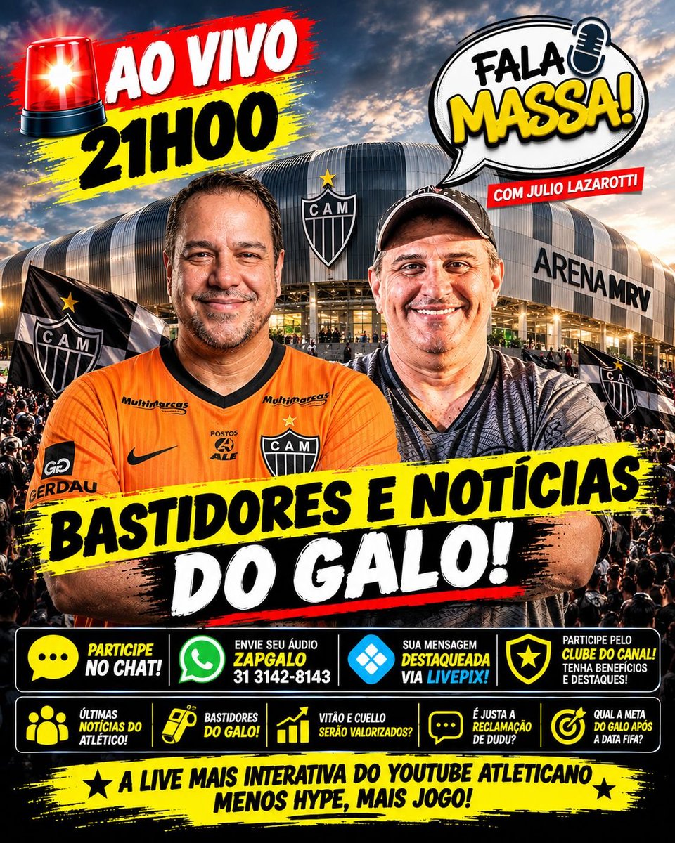 ArqdoGalo's tweet photo. 🚨 BASTIDORES DO GALO AO VIVO! 🐔

Vitão e Cuello serão valorizados? Dudu reclama: é justO? E qual deve ser a meta do Galo após a Data Fifa?

🎙️ JULIO FURTADO + JULIO LAZAROTTI

🕘 21h
🔗 https://t.co/z6rzayagsV

#GALO #ATLÉTICOMG #FALAMASSA #NOTICIASDOGALO #GALOAOVIVO https://t.co/WFl2TFturC