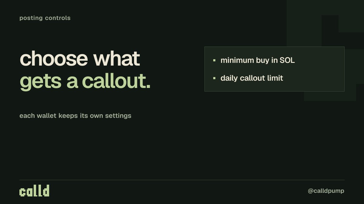 calldpump's tweet photo. small buys don't all need a post.

set a minimum buy size in SOL and a daily callout limit. calld uses those wallet settings to decide which buys enter the workflow. https://t.co/KOLcEWxDLY