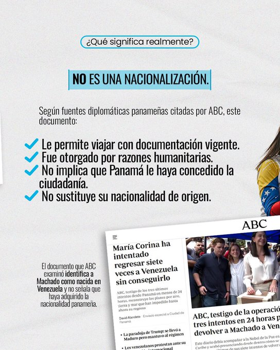 ReporteYa's tweet photo. #23Sep #Venezuela #MaríaCorinaMachado
@convzlaarg: Antes de creer cualquier titular, hay que entender qué documento tiene realmente y qué significa:

❌️ No es una nacionalización como panameña 
❌️ No ha dejado de ser venezolana

Te contamos qué hay detrás del documento y qué relación tiene con su intento de regreso.