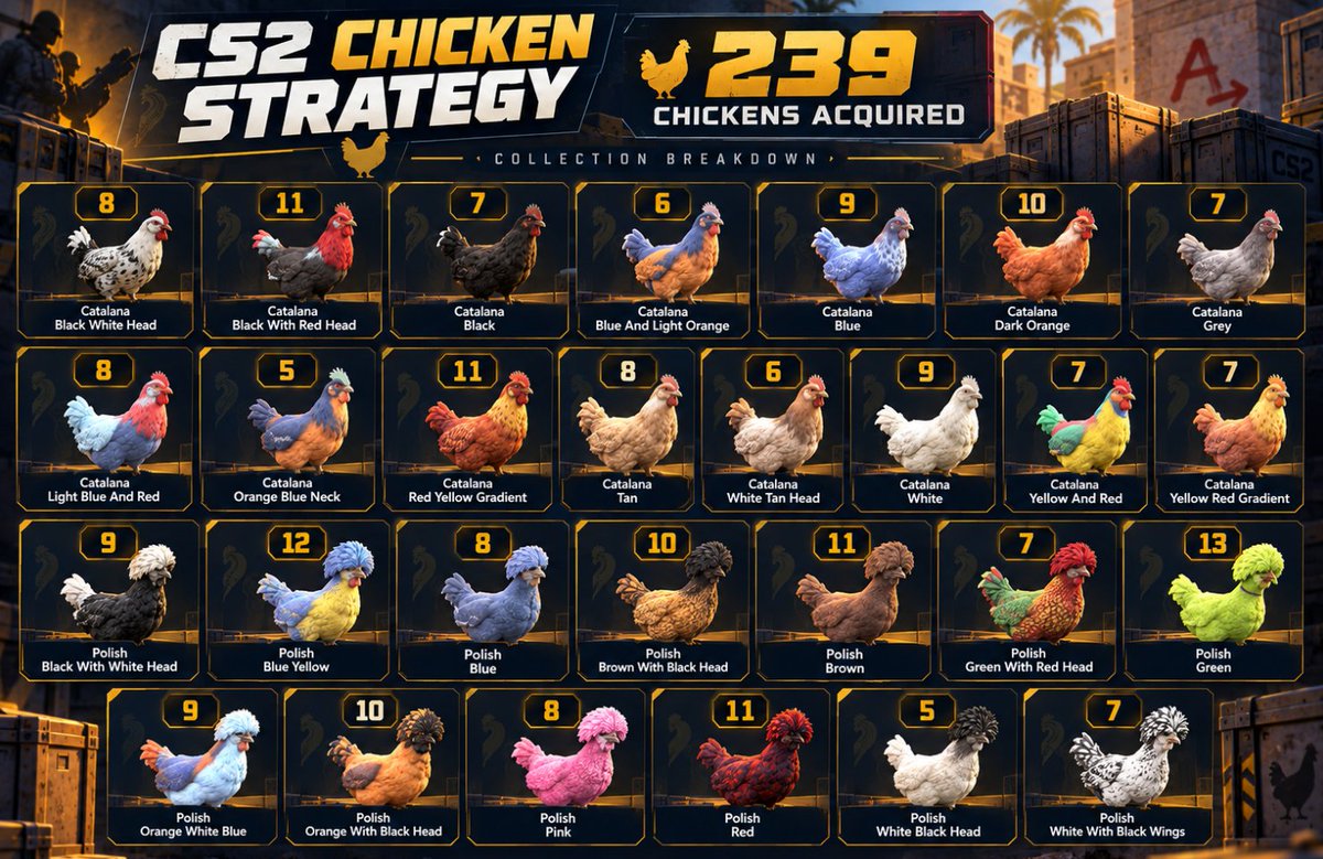 CS2ChickenSTR's tweet photo. By the end of tonight, our goal is to acquire over 1,000 CS2 Pet Chickens.

The market is thin, but we’re picking them up as they become available.

This graphic shows exactly how many we’ve acquired so far, broken down by chicken type. The flock keeps growing.

https://t.co/5Lm6BFP3X3