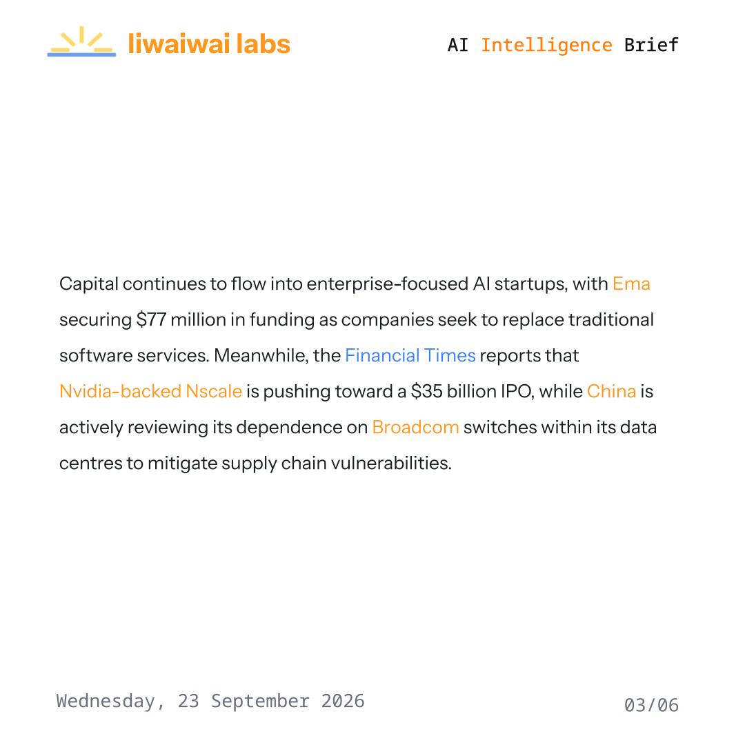 liwaiwaicom's tweet photo. Be in the know with the latest #news in the #TechIndustry
Discover more at https://t.co/Bnqkt8pG88
#Liwaiwai #IntelligenceBrief #Anthropic #OpenAI #Alibaba #Qwen #Claude #NVIDIA #Trump #UK #USA #AGI #AIRegulation #AISafety #AIEthics https://t.co/1uHkf6nzc2
