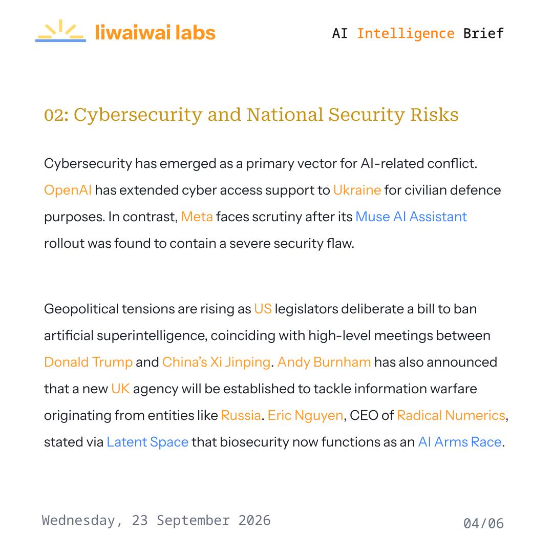liwaiwaicom's tweet photo. Be in the know with the latest #news in the #TechIndustry
Discover more at https://t.co/Bnqkt8pG88
#Liwaiwai #IntelligenceBrief #Anthropic #OpenAI #Alibaba #Qwen #Claude #NVIDIA #Trump #UK #USA #AGI #AIRegulation #AISafety #AIEthics https://t.co/1uHkf6nzc2