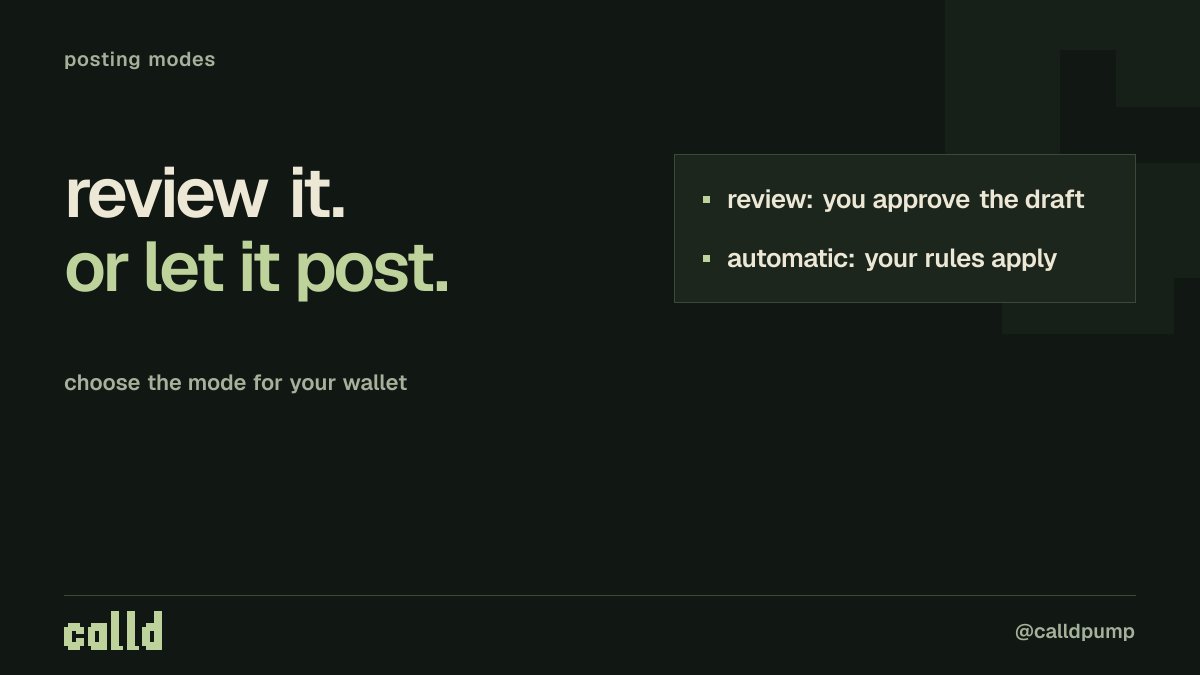 calldpump's tweet photo. prefer to read the thesis first?

review mode keeps a draft for you to edit, dismiss or publish. automatic mode handles qualifying buys under the posting rules you've chosen. https://t.co/gznxsTHdqF