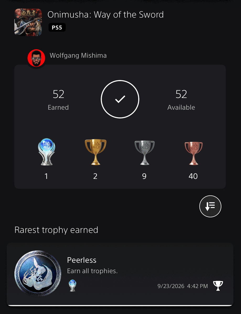 WolfgangMishima's tweet photo. 🆕🏆 PLATINUM #214
Onimusha: Way of the Sword (PS5)
WHAT A CHALLENGING PLATINUM!

Easily one of the best sword-fighting games I’ve ever played. The defensive mechanics are so damn good. From blocking, to parrying, to deflecting, all the way to the high-risk, high-reward Issen technique… the combat is incredibly satisfying.

Carnage Mode was NO JOKE. It made you think twice about every attack, even against groups of regular enemies. The boss battles? Some absolute bangers.

CAPGOD delivered with this one! 🔥

And with that… I’ve now earned the Platinum in all 3 of Capcom’s major releases this year.

NOT an easy feat! 😮‍💨

Platinum trophy list and details updated on site in bio.