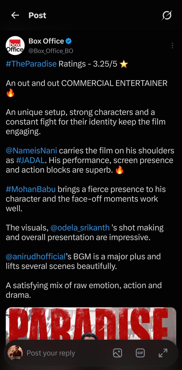 Bspk666S's tweet photo. @Nikhil_Prince01 Good movie second also good some editing issue but overall good movie. Dont trust reviews see movie. Worth if every penni https://t.co/ZxH4hyyc44