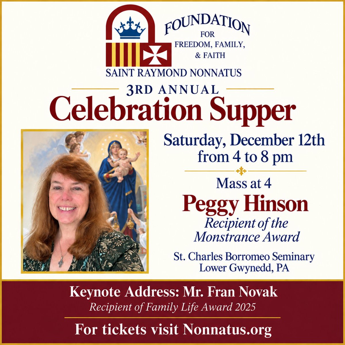 SRNFsupport's tweet photo. Peggy Hinson is the recipient of our Monstrance Award 2026! Register for our Celebration Supper on Dec. 12th to celebrate: https://t.co/fD0Z2FCxDB
@SaintMaryRoman1 https://t.co/NWgCV7Mxve