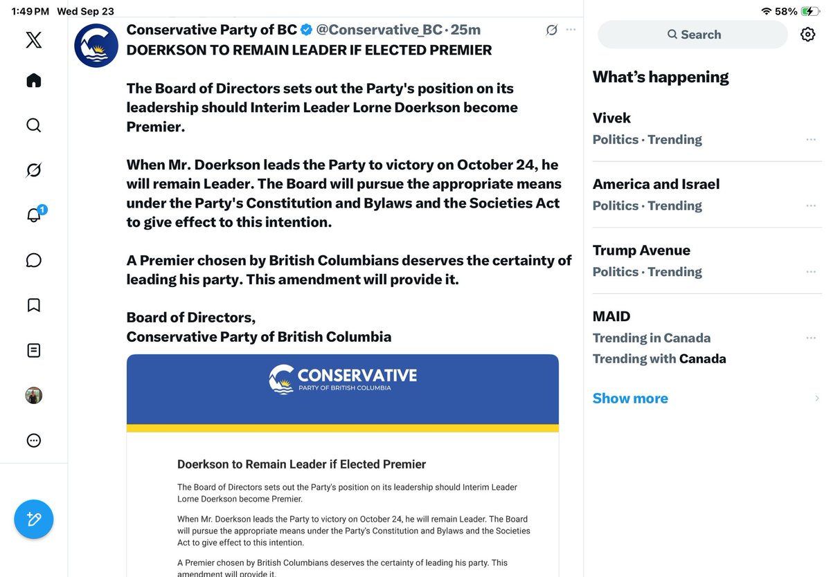 Northerngold01's tweet photo. Apparently the Fake BC Conservatives are so confident in their announcement that Doerkson when he wins will remain as Leader and Premier, that they turned off the comments😂🤣😂
Could it be from the fear of subverting a elected leader by members to install a appointee and the backlash on X🤔