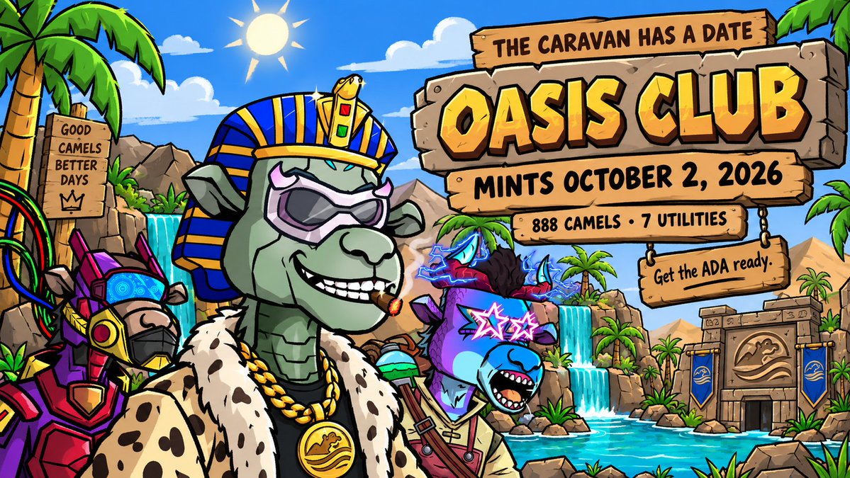 OasisClubNFTs's tweet photo. 🌴 THE CARAVAN HAS A DATE.

OASIS CLUB MINTS OCTOBER 2ND at 6 PM UTC. 🔥

🐪 888 Camels
⚡ 7 Utilities
💰 99 ADA Public
🤝 88 ADA Partner Holders

check your wl elibiglity here: 
https://t.co/2Fyqd4JhYI

October 2nd. We open the gates. 🌴🔥 https://t.co/ffJPKepmac