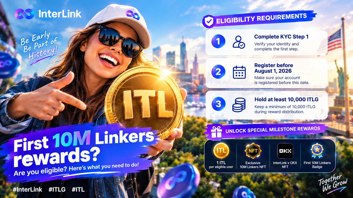 Nazancem34's tweet photo. 🔐 Want to qualify for the First 10M Linkers rewards? Users must complete KYC Step 1, register before August 1, 2026, and hold at least 10,000 ITLG during reward distribution. Eligible users can unlock special milestone rewards.
#InterLink #ITLG #ITL 
@kv_interlink @reina_itl https://t.co/9WzCgvnsEO