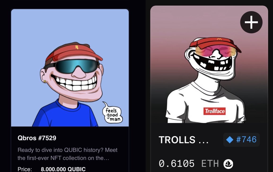 c_f_b_token's tweet photo. The official @Troll_ ($TROLL) NFT collection is a truly low-effort job.

#Qbros on $Qubic is far far better.

#feelsgood man https://t.co/JryokUbFD4