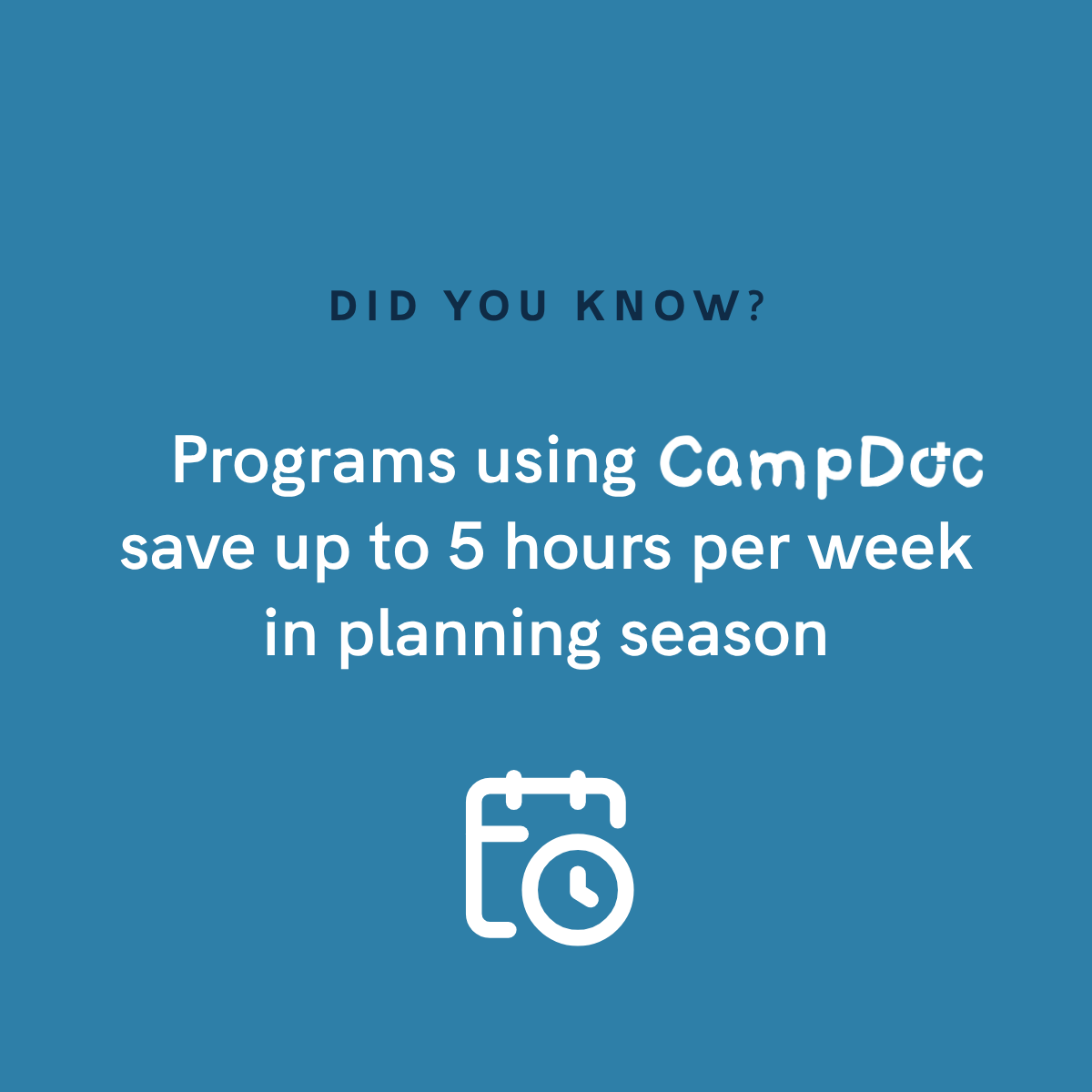 CampDoc's tweet photo. Camp management software can save you valuable time during the summer — but the savings don't stop there. Program staff who use CampDoc during prep season save up to 5 hours per week! 🕑 https://t.co/rwpyJsVc6v