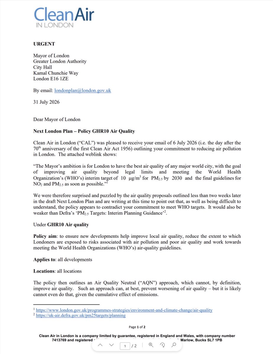 CleanAirLondon's tweet photo. Next London Plan consultation closes 5pm Thurs 15 October | We wrote to @MayorofLondon complaining about his #AirQuality Policy #GHR10 in #NextLondonPlan - worse than 2011 version! @metecoban92 replied politely. Submit your complaints here: https://t.co/nUghlH8g7M https://t.co/NUgcOYqciz