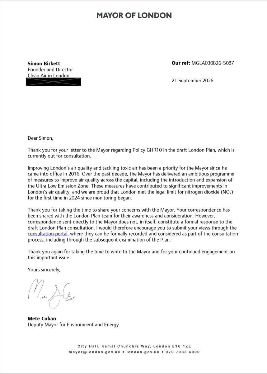 CleanAirLondon's tweet photo. Next London Plan consultation closes 5pm Thurs 15 October | We wrote to @MayorofLondon complaining about his #AirQuality Policy #GHR10 in #NextLondonPlan - worse than 2011 version! @metecoban92 replied politely. Submit your complaints here: https://t.co/nUghlH8g7M https://t.co/NUgcOYqciz