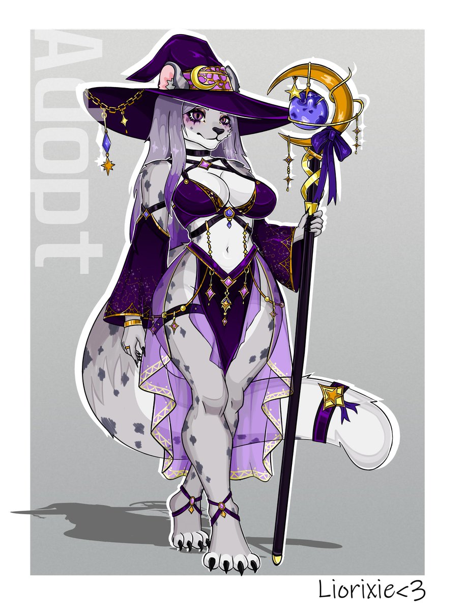 Liorixie's tweet photo. 🌙✨ Looking for a new home!  💜

A mysterious white cheetah witch who draws her magic from the moon and stars.

 Link for bidding in the comments <3
   #adoptable #furryart #anthro #furryartist https://t.co/q5wx1VkIxx