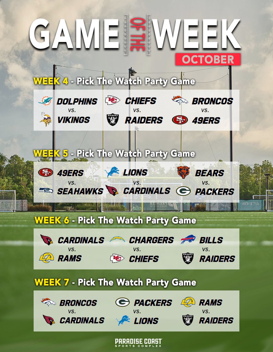 PCSCNaples's tweet photo. 🏈 THE OCTOBER G.O.W POLL IS HERE! 🏈
October is packed with matchups, and you get to pick the game we put on the JUMBOTRON! 👀

Check out the NFL late-window matchups for Weeks 4–7! 🏆Which one are you picking? Link to Vote: https://t.co/HaoqtnvjtF https://t.co/XfSFPbHfdX