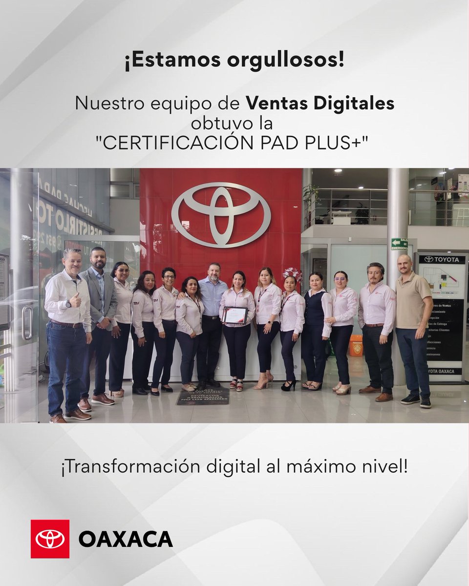 ToyotaOax's tweet photo. Esto proporciona a nuestros clientes procesos seguros y transparentes en todas nuestras plataformas digitales. 💯

¡Muchas felicidades! 👏
.
.
#TOYOTA #TOYOTAOaxaca #Tecnologia #Ventas #Oaxaca https://t.co/HT7pBluZ2d