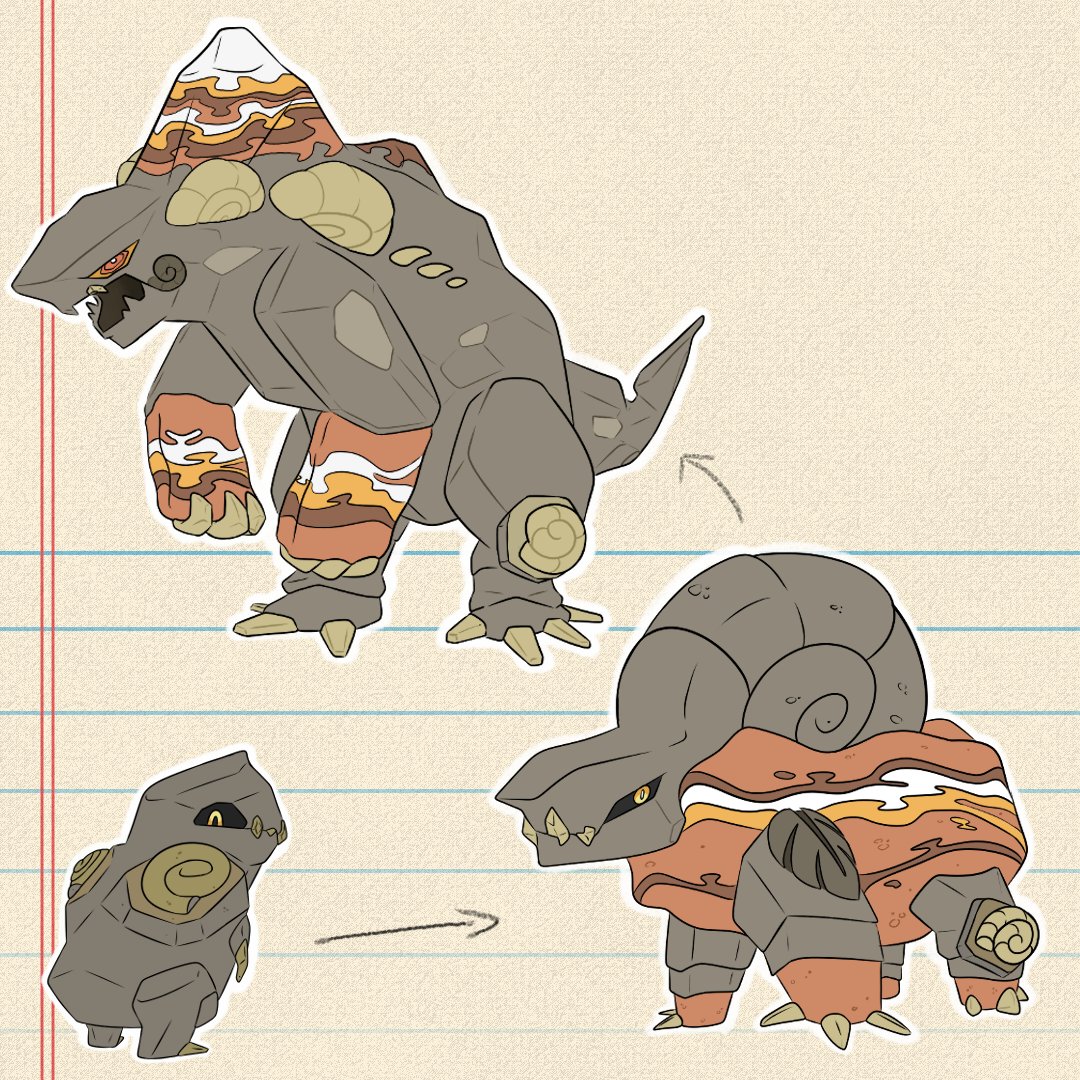 Anon_sketches's tweet photo. Finally finished the regional rock for my prehistoric region 

Their based on- fossils, kaijus , and mountains/ hills

Type- Pure Rock or Rock/Ground

#Pokémon #Fakemon https://t.co/LOytNHdUFc