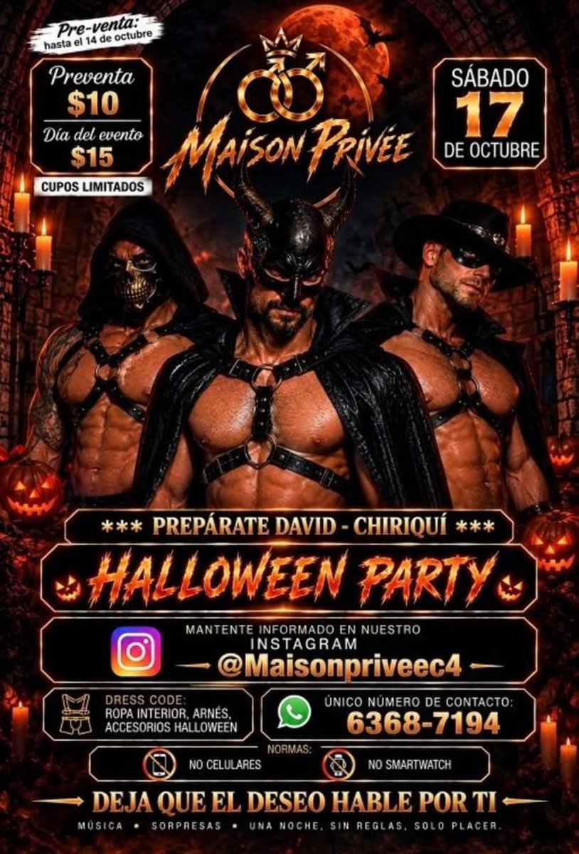 Diaz_Isaacs's tweet photo. Maison Privee presenta..
Halloween Party
No te pierdas la fiesta de Halloween más candente de Chiriqui.
Sigue nuestra cuenta @maisonpriveec4 en Instagram.
Info al 63687194. https://t.co/0KuQh8rGdC