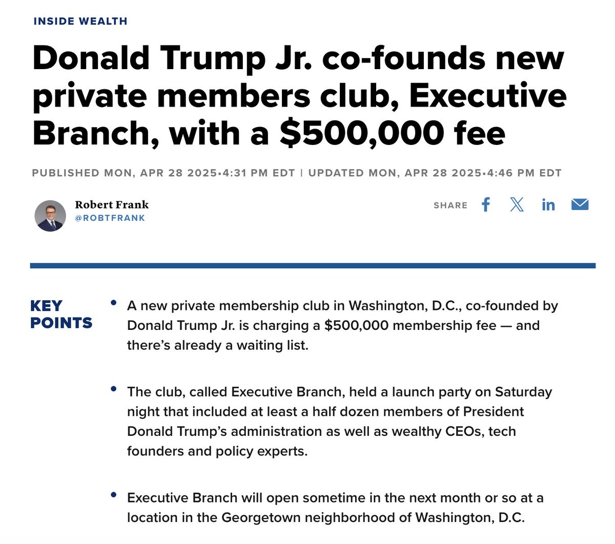 CREWcrew's tweet photo. Just a reminder to any senator saying Don Jr. is not selling access to the presidency: Don Jr. started a private club called Executive Branch within months of Trump retaking office, with appearances by Trump cabinet members. 

How much more obvious does it need to get? https://t.co/7NOmI0vCM3