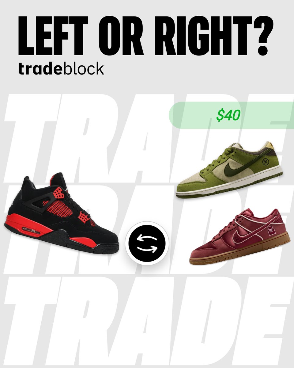 tradeblock_us's tweet photo. Trading one Air Jordan 4 Retro 'Red Thunder' for two Dunks — the Yuto Horigome SB 'Asparagus' and Kobe Protro Lower Merion Away — is peak efficiency. More fire to flex and flip. The left side just got outplayed. Facts.
#tradeblock #kicksascurrency #offtheblock #AJ4 #SBdunks #NikeDunks #sneakertrade
