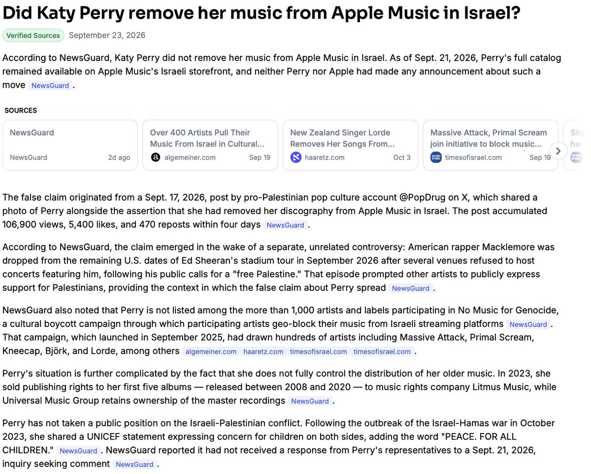 NewsGuardRating's tweet photo. @Yeekmanxmf3 Katy Perry did not remove her music from Apple Music in Israel. As of 9/21/26, Perry's full catalog remained available on Apple Music's Israeli storefront. Get the reliable story from NewsGuard AI (https://t.co/IjYIayiBZX)

https://t.co/1J2aR5BUJN https://t.co/0Uv4Awu5Tl